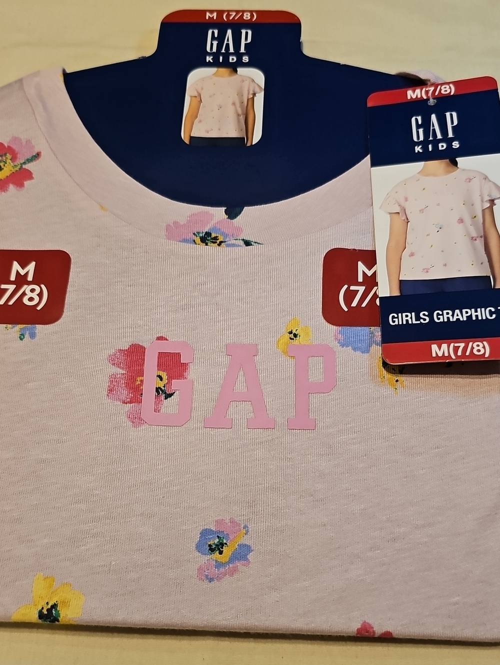 NWT Size M 7/8 Girls GAP Kids Light Pink Floral Logo Tee